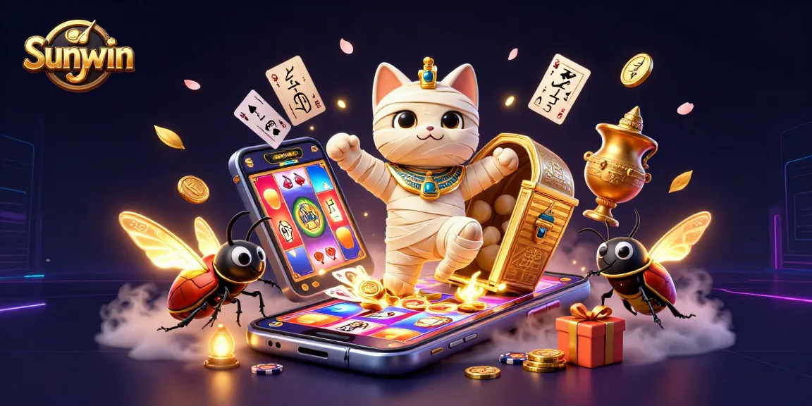 Watch the Sunwin mummy cat and scarab beetle engage in thrilling casino excitement with glowing gems and slot games