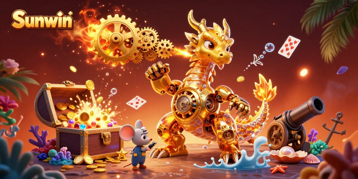 Engage in thrilling gameplay at Sunwin with a vibrant scene of a golden dragon and dynamic casino elements.