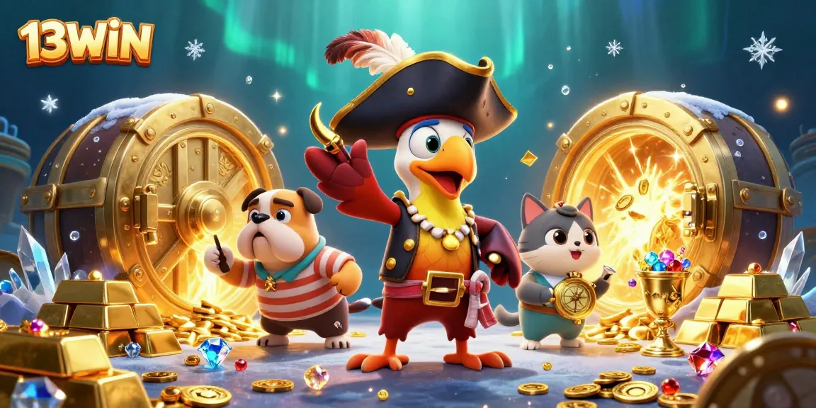 Experience the excitement of 13WIN with vibrant casino treasures and adventurous characters.