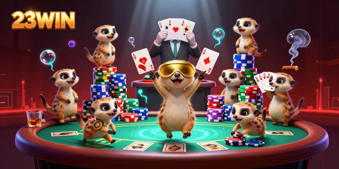 Experience the thrilling world of 23WIN with excited meerkats running a vibrant casino, showcasing energetic gameplay and poker fun.