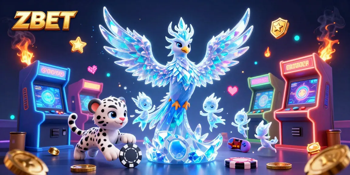 ZBET showcases a dazzling illustration of ice phoenix, snow leopard cub, and glowing sprites in a vibrant casino setting.