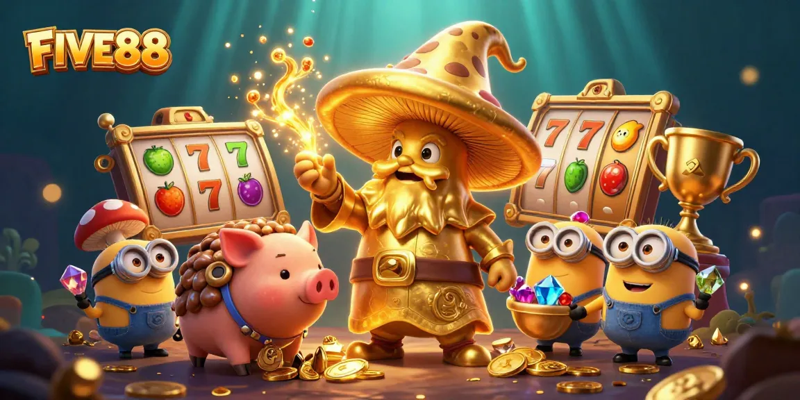 Bet big with FIVE88 in a vibrant 3D slot scene filled with magic and treasure.