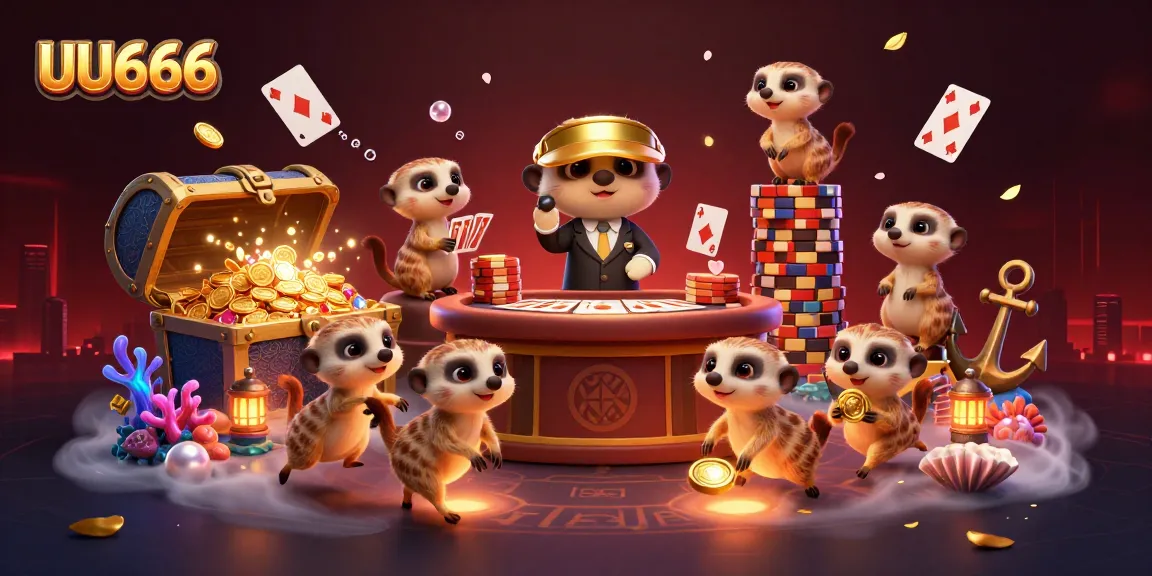Meerkats operate a vibrant UU666 casino, showcasing a dynamic and colorful scene with gold coins and bioluminescent elements.