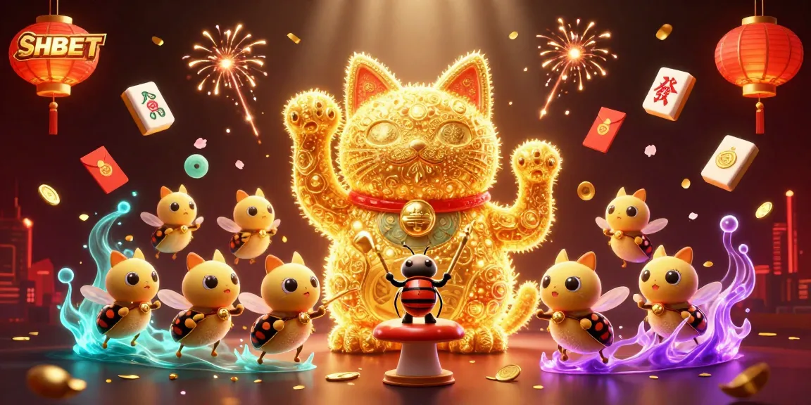 Experience thrilling luck at SHBET with a lucky cat amidst vibrant casino elements and fireworks.