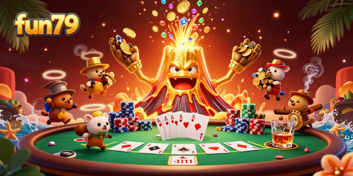 Engage in fun79's vibrant casino scene with a golden volcano erupting treasure amidst poker excitement.