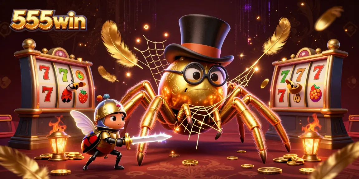 Engage with 555win's vibrant casino action featuring a golden tarantula, beetle knight, and slot reels.
