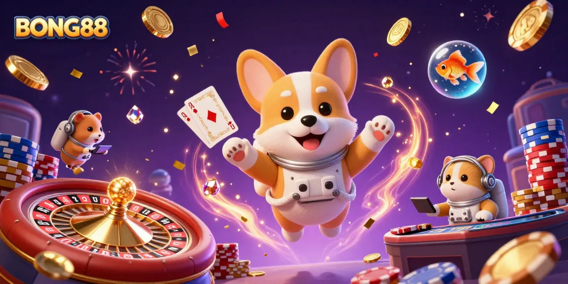 Experience the excitement of BONG88 in a vibrant casino scene with characters and sparkling elements.