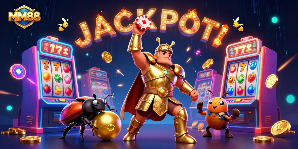 Experience the thrill of MM88 with a victorious beetle in golden armor celebrating jackpot wins amidst colorful slot machines.