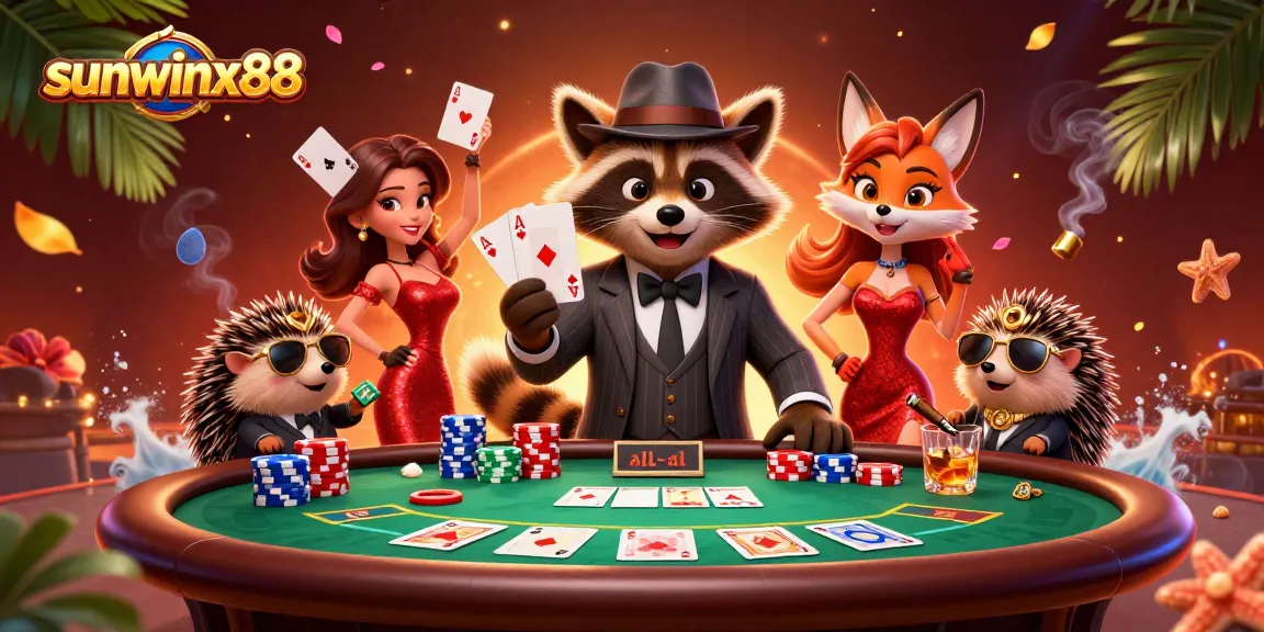 Experience thrilling gameplay with sunwinx88, showcasing animated poker characters and vibrant casino elements.