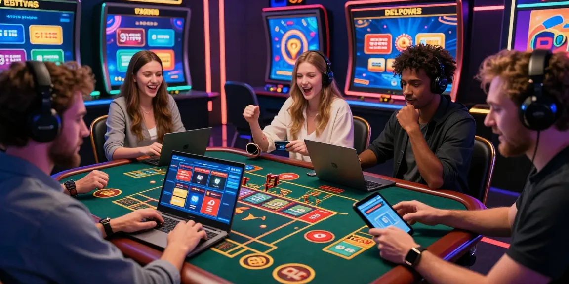 Exciting scene showcasing credit card casinos for UK players with diverse gamers enjoying an interactive online casino experience.