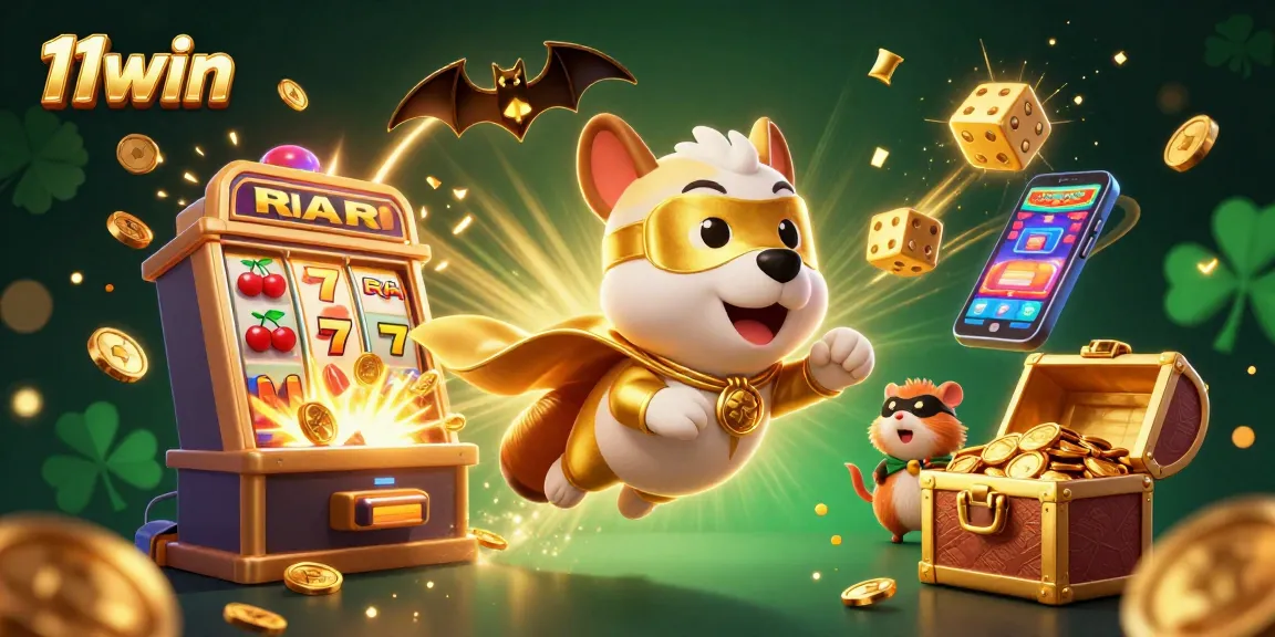 11win's 3D superhero dog and hamster celebrate casino wins with slot machine bursts and vibrant game elements.