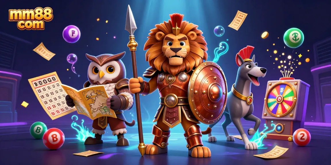 Engage with lively games at mm88 com, featuring a colorful 3D casino scene full of vibrant elements.