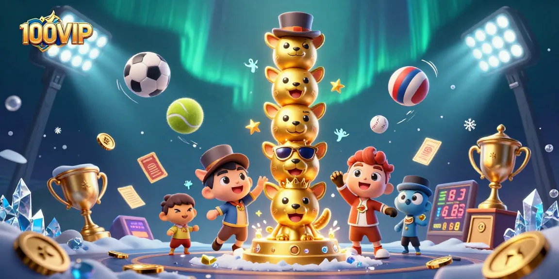 Bet keenly with 100VIP under a vibrant casino-themed illustration showcasing diverse sports elements.