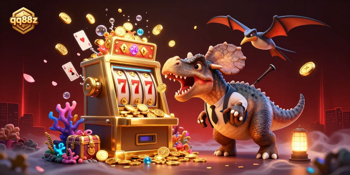 Engage in jackpot fun at qq88z with a lively scene of dinosaurs and slot machines amidst colorful casino elements.