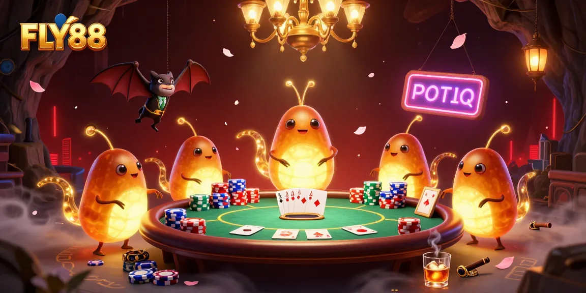 Experience FLY88's vibrant casino atmosphere with glowworms illuminating play at their poker table.
