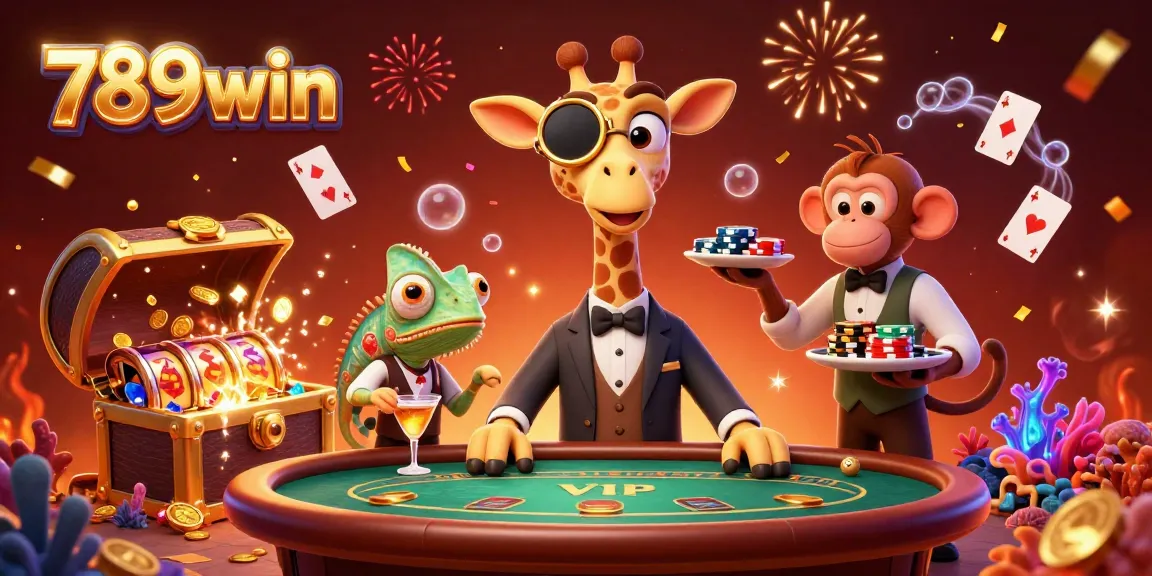 Experience thrilling gaming action at 789win with a vibrant casino scene featuring a high-roller giraffe and cocktail magic.