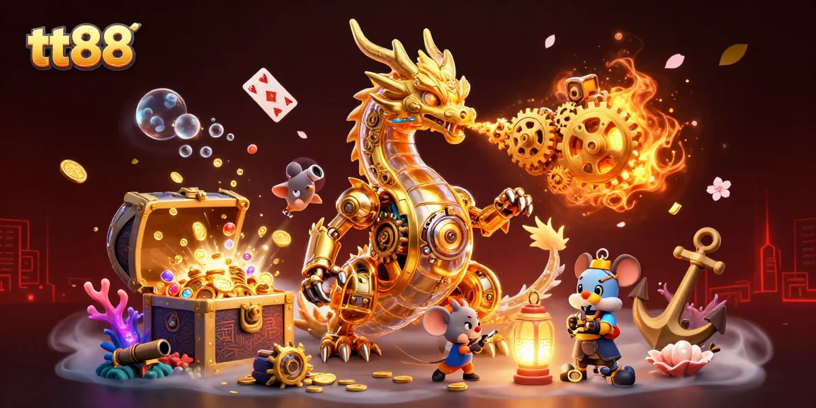 Experience epic wins at tt88 with a golden dragon spewing treasures in a vibrant 3D casino scene.