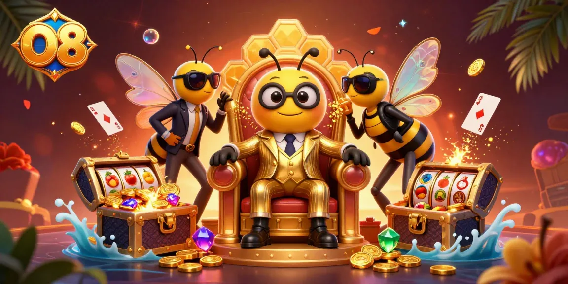 Engage with O8 in an ultra-detailed 3D casino scene featuring a vibrant bumblebee mob boss.