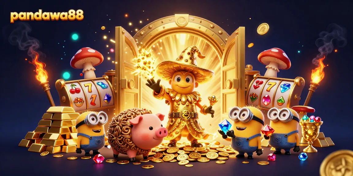 Experience the excitement of pandawa88 with a magical 3D casino scene featuring golden treasures and whimsical characters.