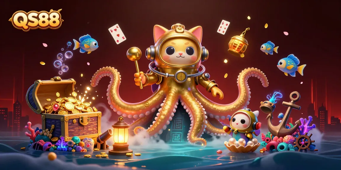 Engage in exciting gaming with QS88, a vibrant 3D casino scene featuring a kraken, diving cat, and deep-sea elements.