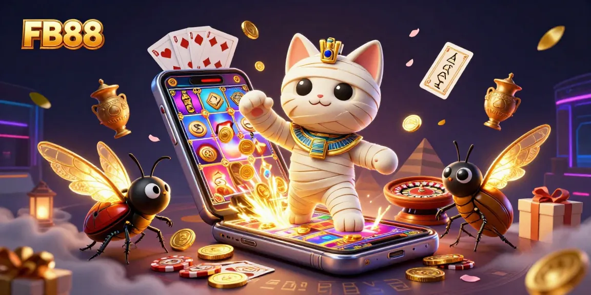 FB88 presents an exhilarating scene featuring a mummy cat and scarab beetle in a vibrant casino atmosphere.