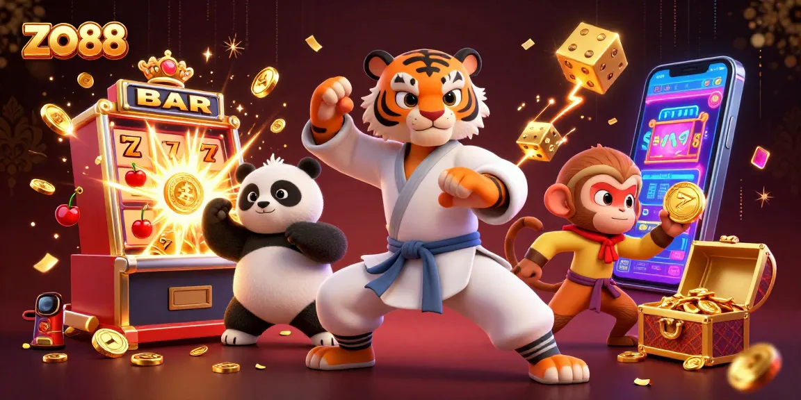 Win at zo88 with colorful 3D casino illustration, featuring a kung fu tiger master amidst jackpot excitement.