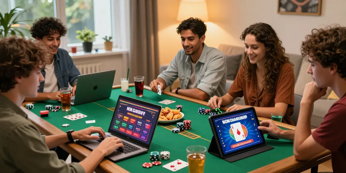 Friends enjoying non GamStop gaming at home with laptops and snacks, highlighting uk casinos not on gamstop excitement.