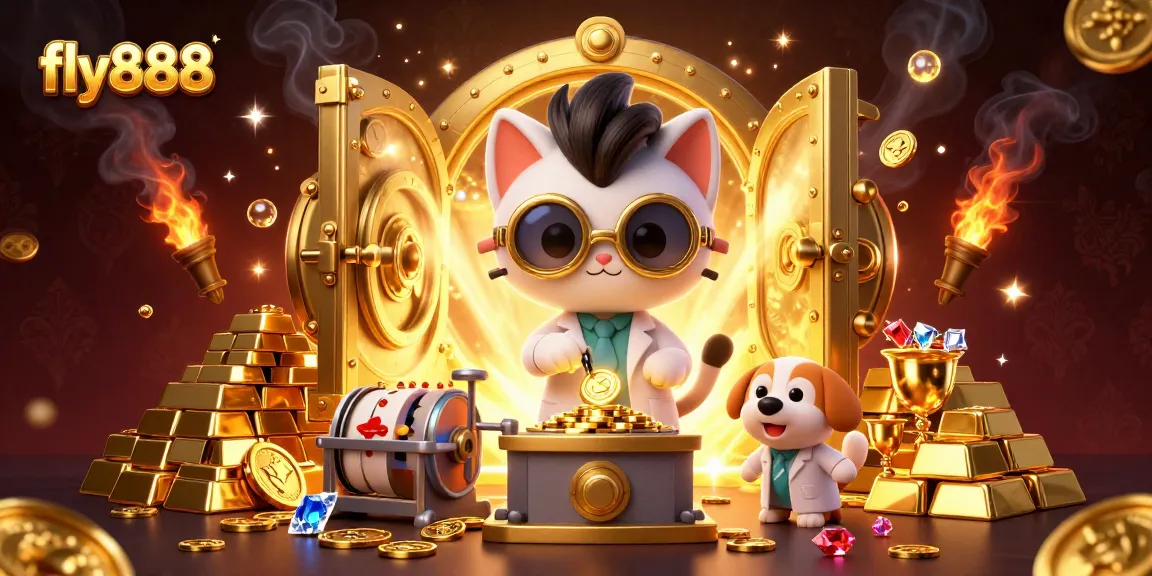Play winning slots and explore treasures at fly888 with this vibrant casino illustration.