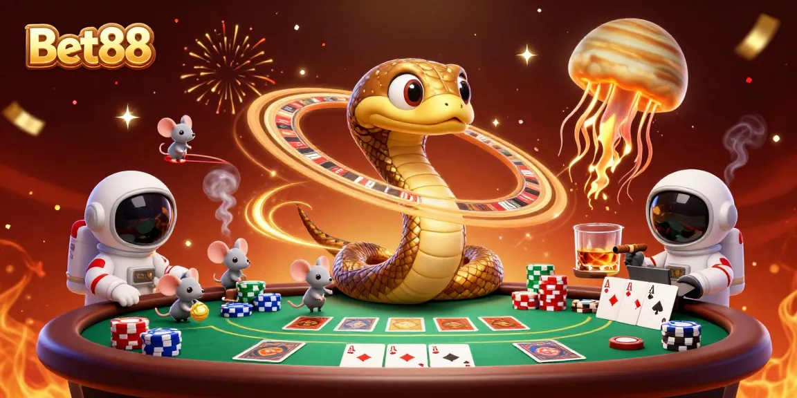 Bet88's vibrant cosmic casino scene with astronaut mice betting on Saturn's rings as a roulette wheel.