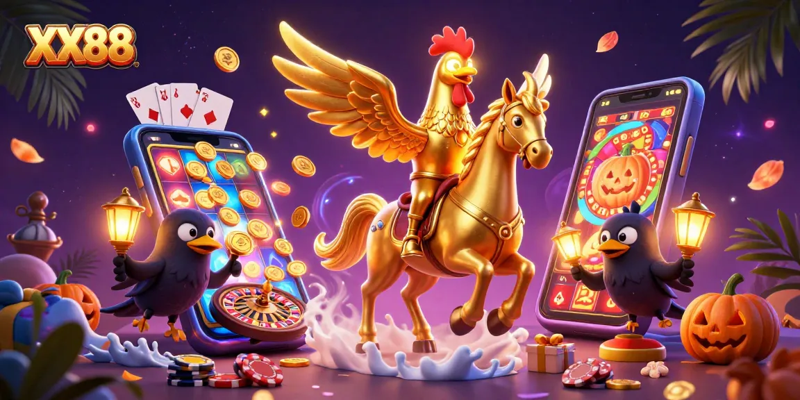Experience thrilling gaming action at XX88 with a golden rooster and friends in a vibrant casino!