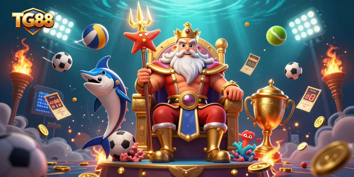Experience TG88's dynamic gaming action with Neptune and samurai in a vibrant casino scene.