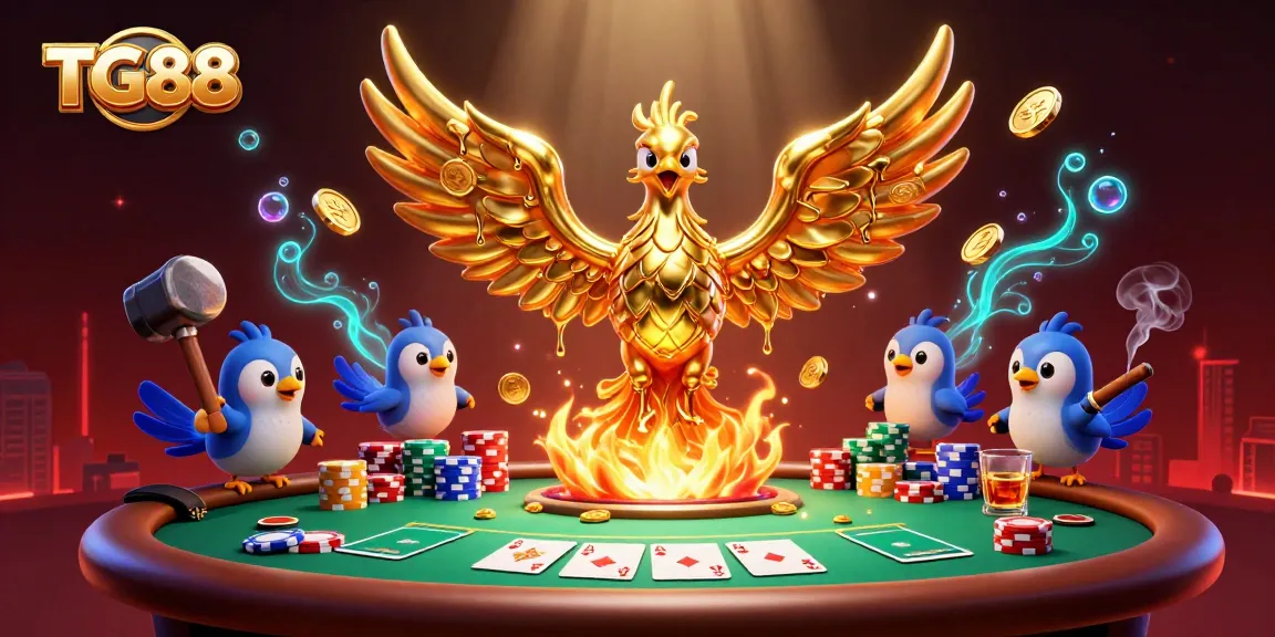 Experience thrilling gameplay at TG88 with a vibrant casino atmosphere featuring a golden phoenix and poker elements.