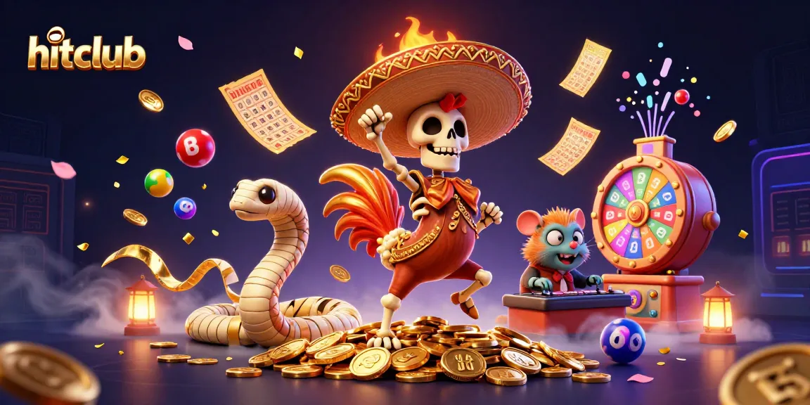 Hitclub's vibrant gaming scene with colorful lottery balls and a dynamic 3D illustration of celebration.