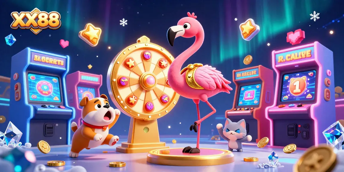 Spin the golden prize wheel at XX88 as a bulldog wins big in this vibrant casino scene!