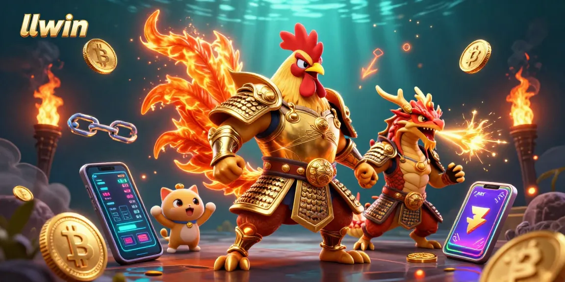 Experience the excitement of llwin with a dynamic 3D illustration featuring a rooster warrior and dragon hatchling.