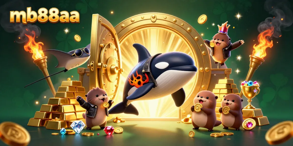 Experience the excitement at mb88aa with an orca whale, stingray, and playful otters amidst sparkling treasures.