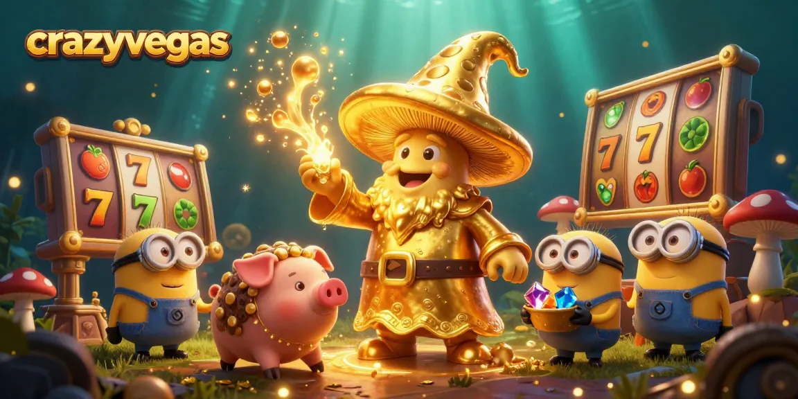 Experience the magic of crazyvegas with golden symbols and treasures in a whimsical casino scene.