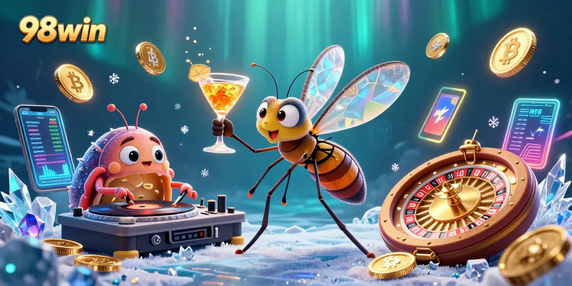 Experience thrilling casino excitement with 98win's vibrant 3D illustration showcasing dynamic characters and crypto elements.