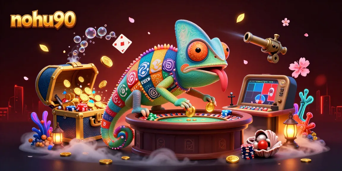 Join the fun at nohu90 with a vibrant illustration of the chameleon casino owner surrounded by gaming elements.
