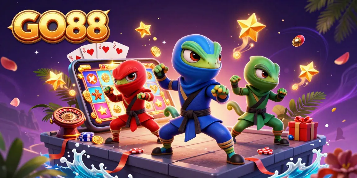 GO88 showcases a vibrant 3D illustration with ninja chameleons and dynamic slot game elements.