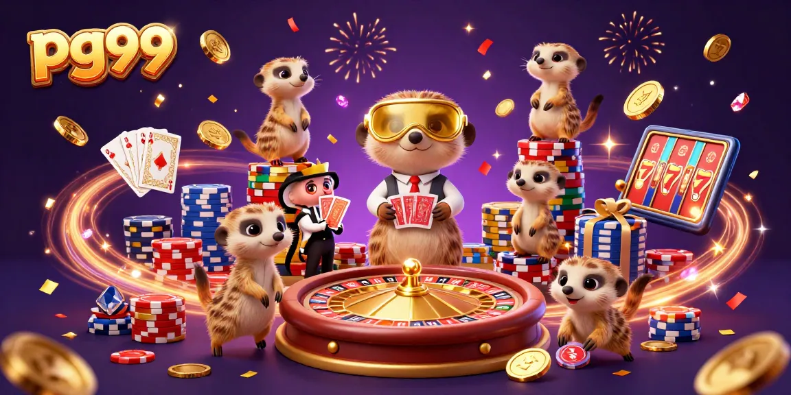 Experience thrilling pg99 adventures in a vibrant casino scene with meerkats and dazzling game elements.
