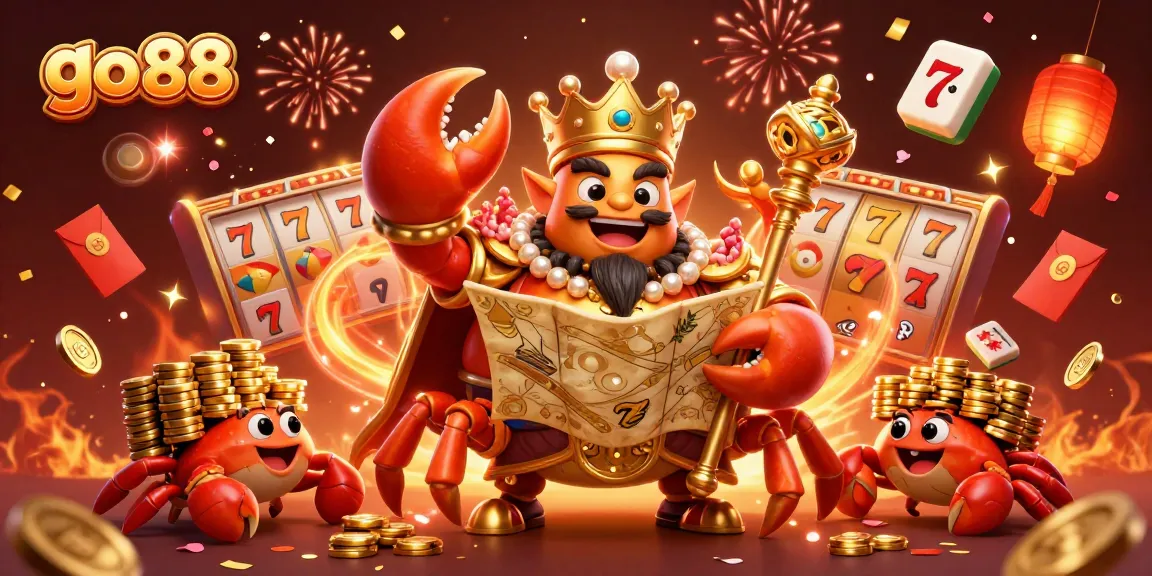 Experience the excitement of go 88 as the golden crab emperor reigns over slot machines and treasures in this vibrant casino scene.